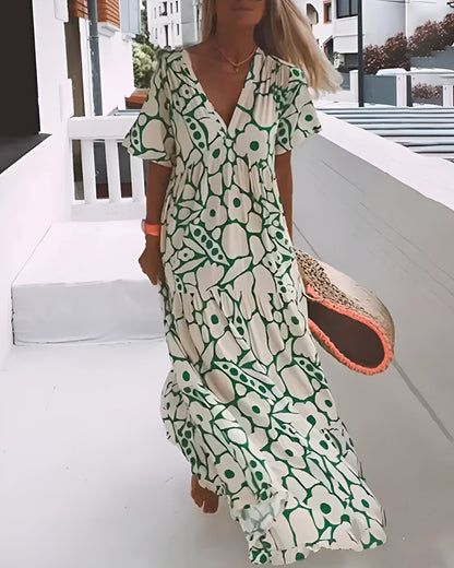 Women's Printed Maxi Dress with V-Neck and Short Sleeves