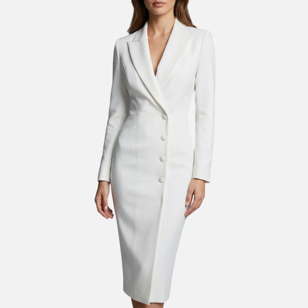 Women's Tailored Blazer Midi Dress | Single Button V-Neck Long Sleeve Work Dress