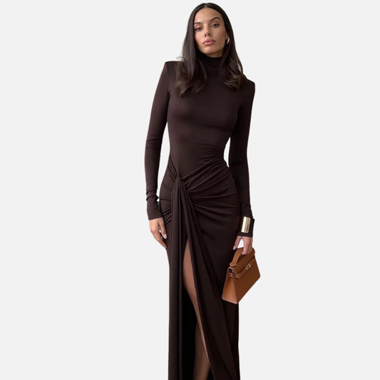 Naomi | Vestido largo de cuello alto fruncido con abertura para mujer