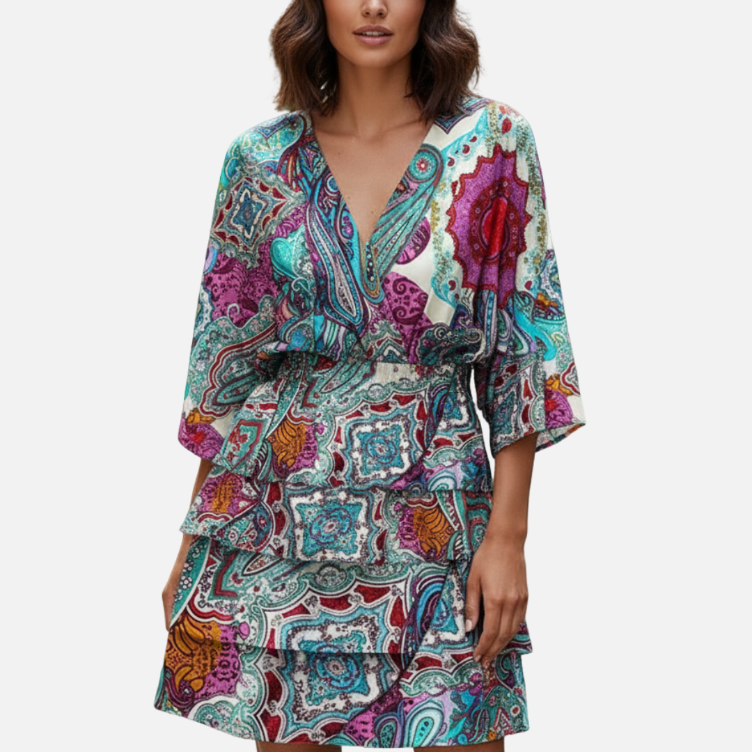 Women's Boho Tiered Mini Dress - Colorful V-Neck Summer Party Dress