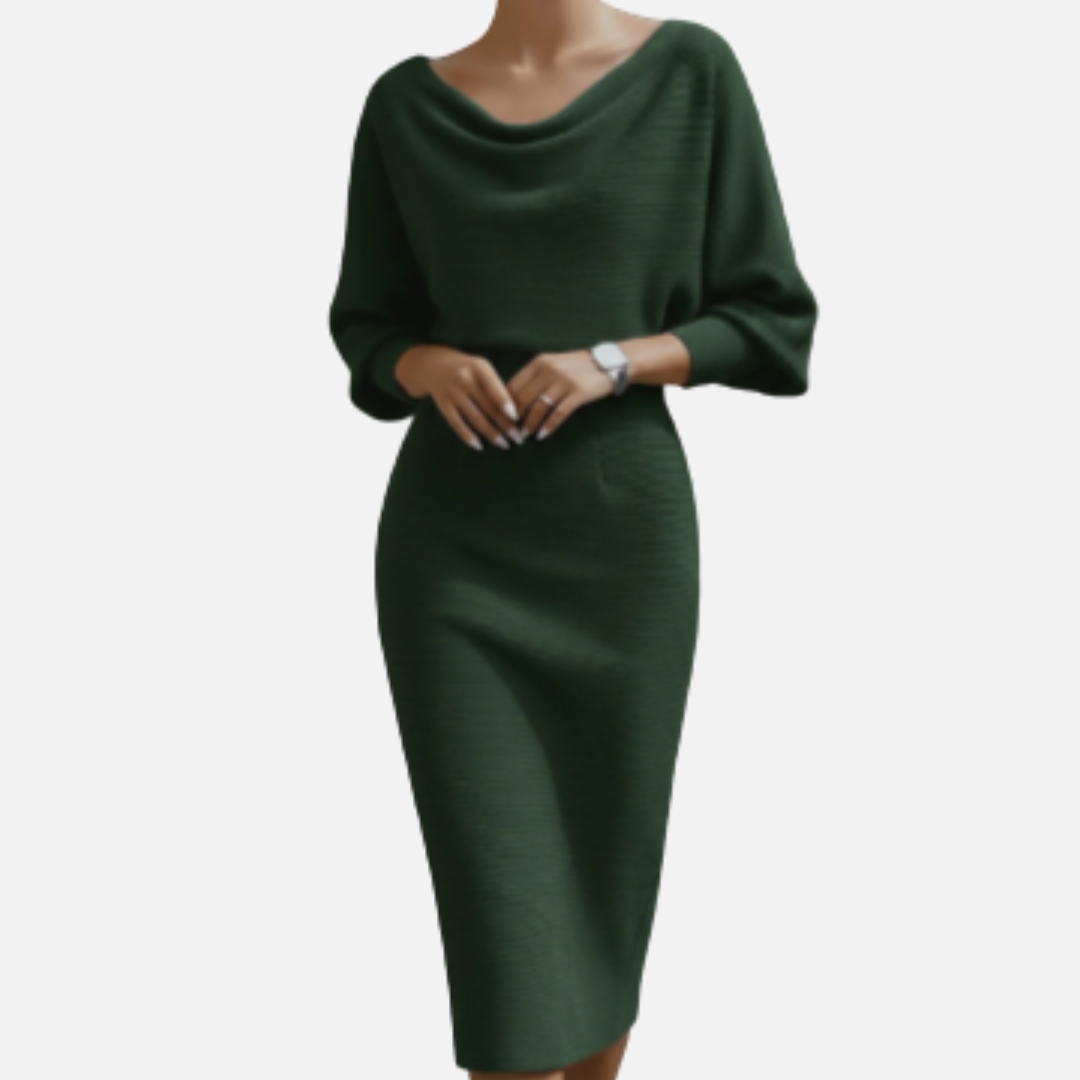 Women's Boucle Knit Cowl Neck Midi Dress | Batwing Sleeve