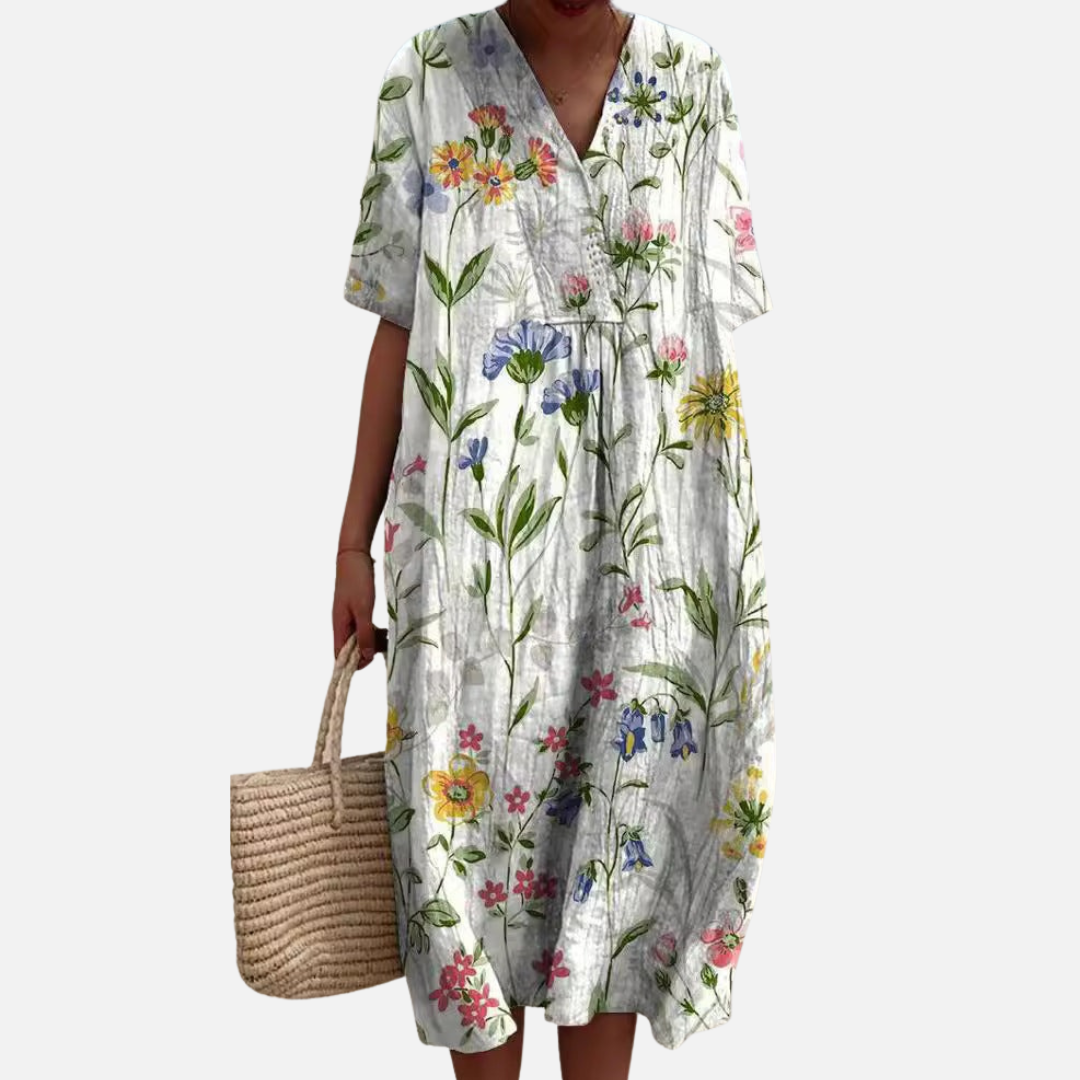 Women's Floral Midi Dress | V-Neck Short Sleeve Boho Casual Summer Dress