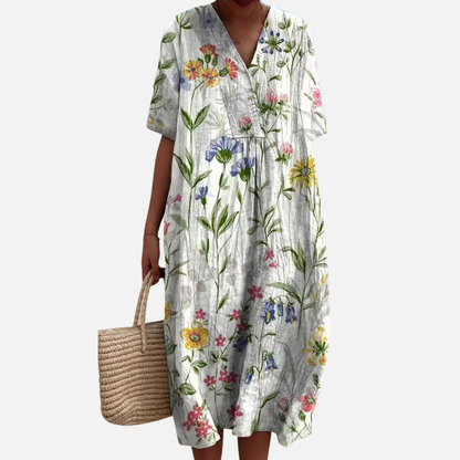 Women's Floral Midi Dress | V-Neck Short Sleeve Boho Casual Summer Dress