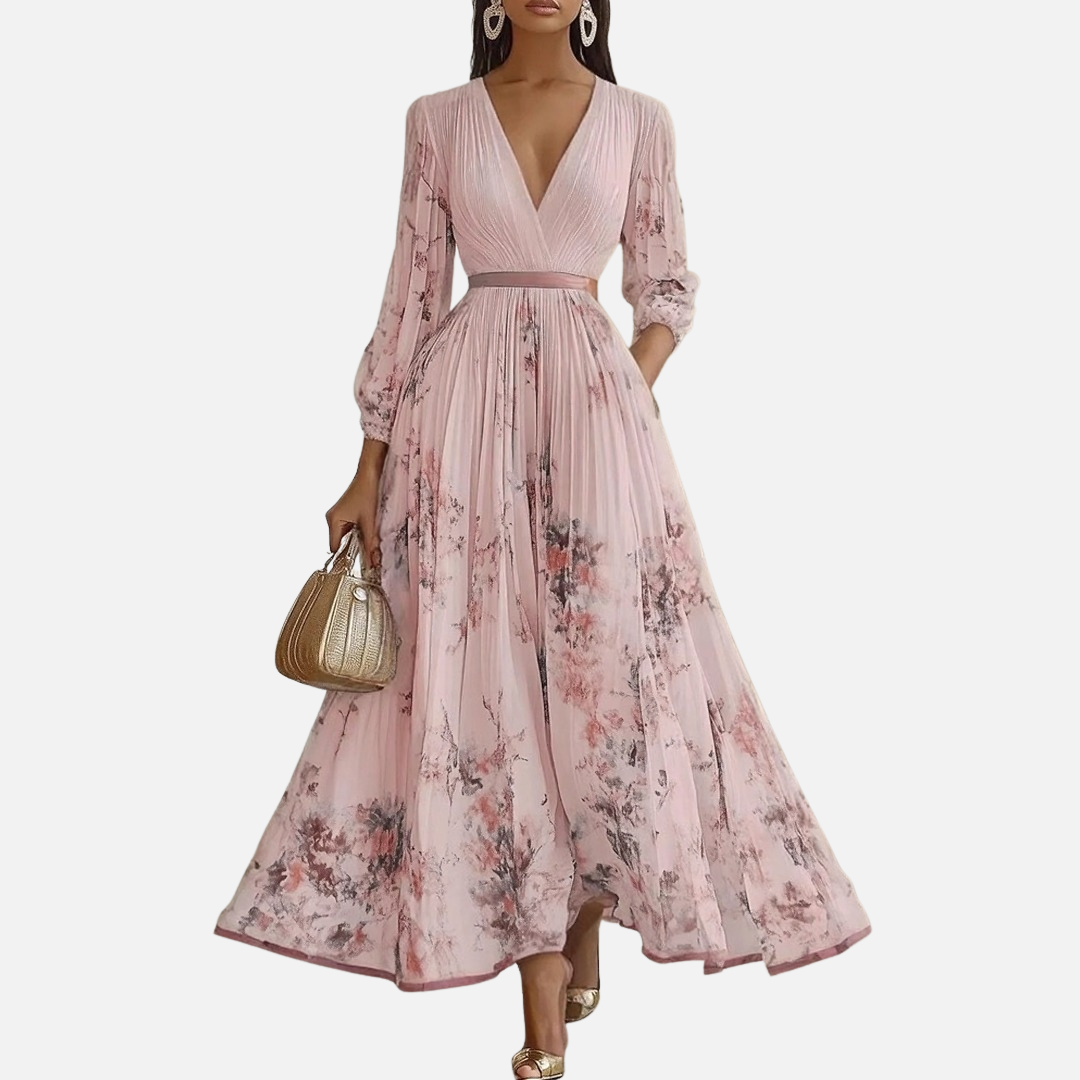 Women's Floral Chiffon Pleated Maxi Dress | V-Neck Puff Sleeve Wedding Guest Dress