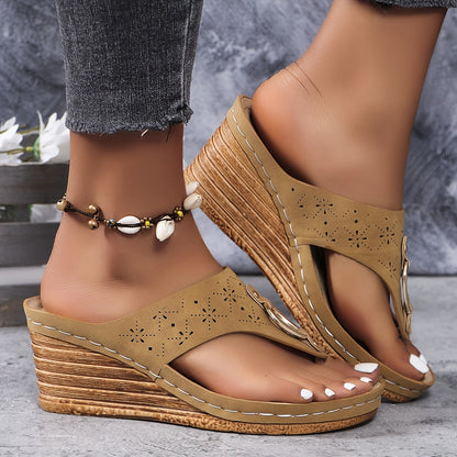 Women's T-Bar Wedge Sandals with Metal Ring