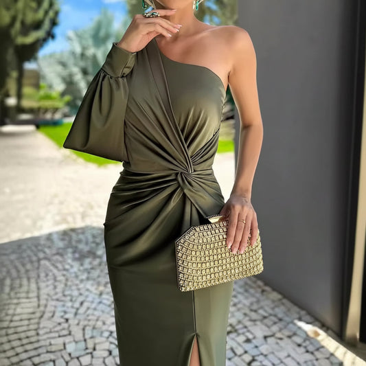 Women's One Shoulder Twist Dress with Front Slit