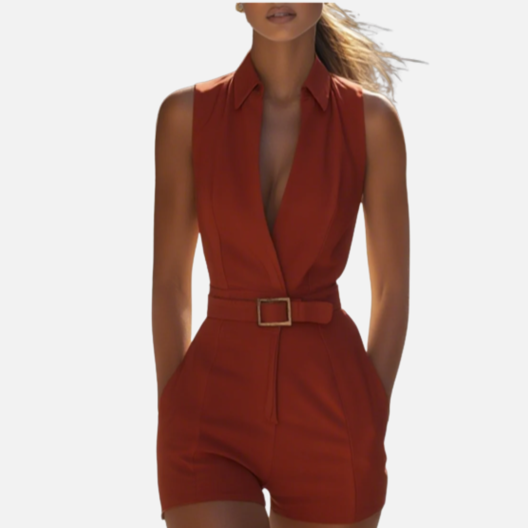 Women's Sleeveless Tailored Romper | V-Neck Belted