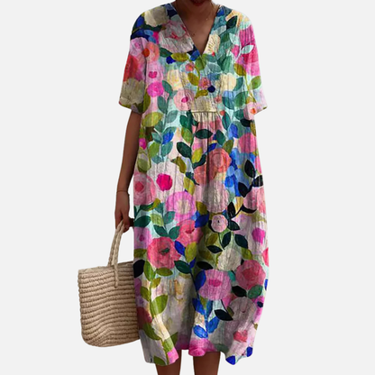 Women's Floral Midi Dress | V-Neck Short Sleeve Boho Casual Summer Dress