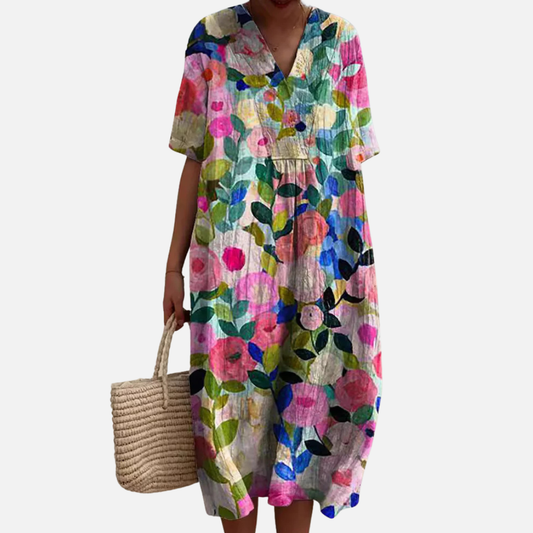 Vestido midi floral para mujer | Vestido de verano informal bohemio de manga corta con cuello en V