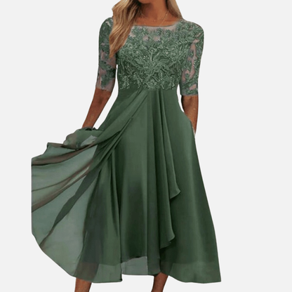 Women's Formal Lace Chiffon Midi Dress | Elegant Wedding Guest
