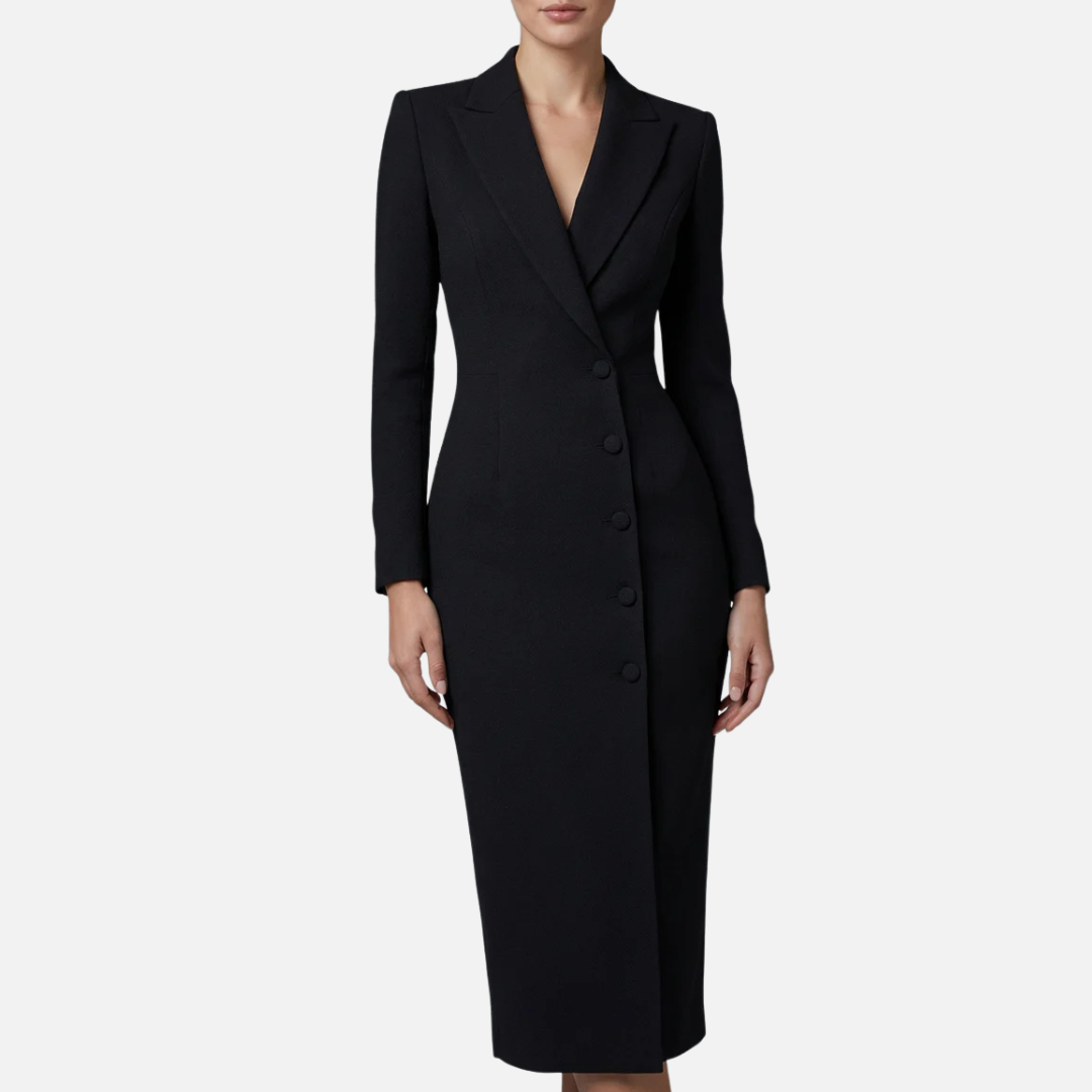 Women's Tailored Blazer Midi Dress | Single Button V-Neck Long Sleeve Work Dress