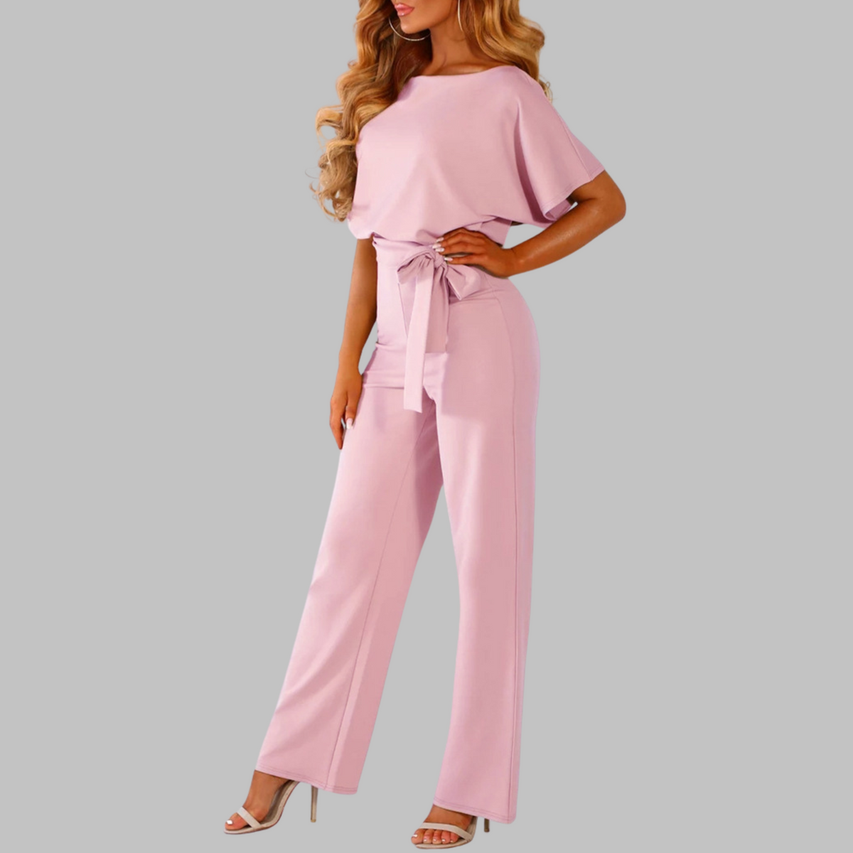Women's Wide Leg Jumpsuit with Batwing Sleeves and Tie Waist