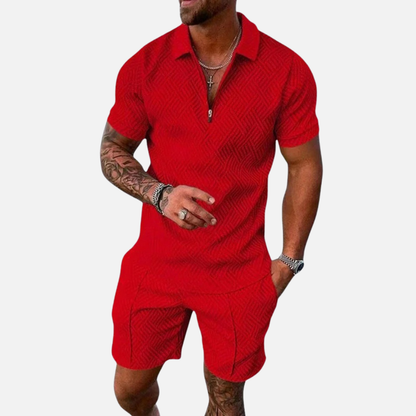 Men's Textured Polo Shirt and Shorts Set | Zip Collar Casual Summer Co-ord Matching Set