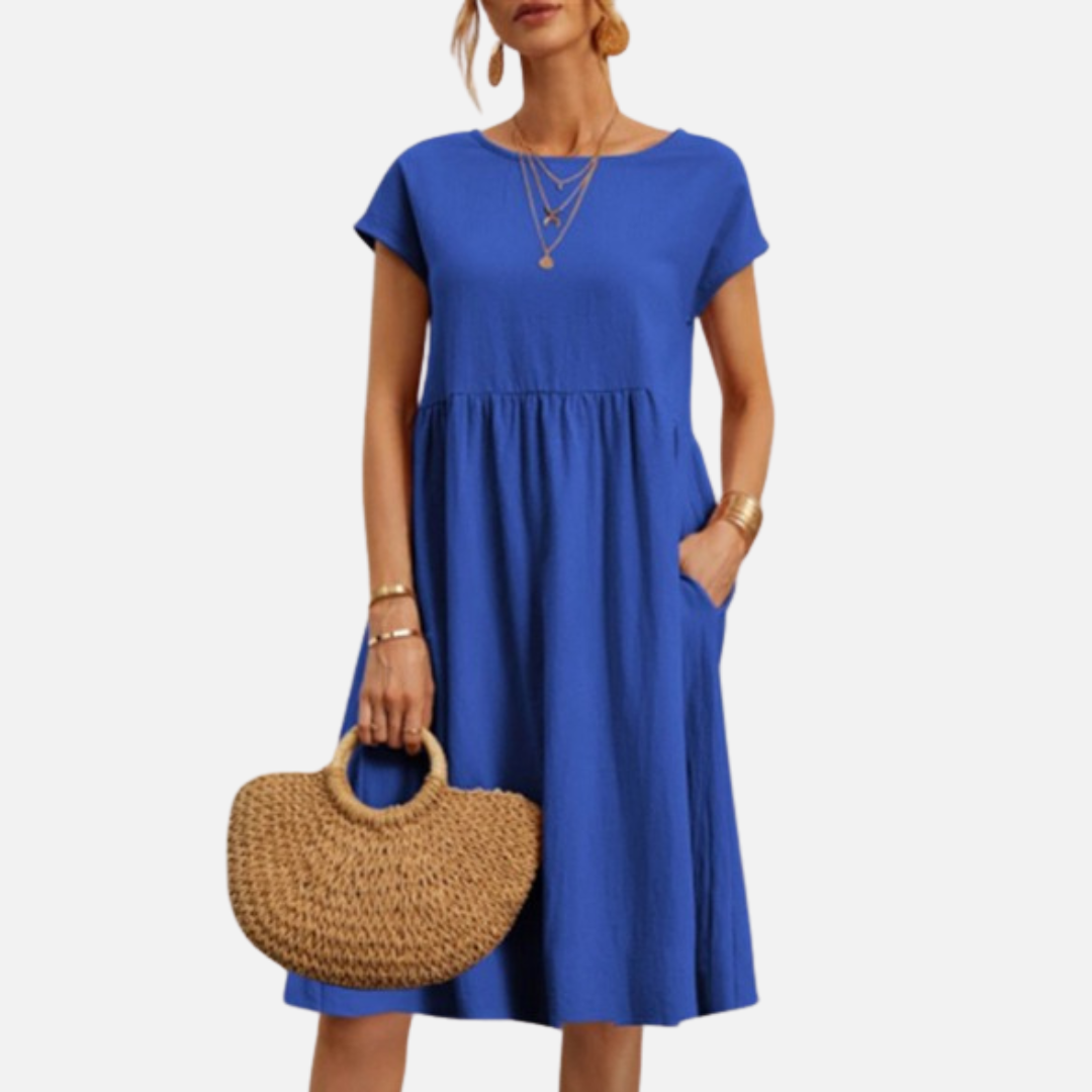 Women's Casual Linen Midi Dress | Short Sleeve Smock Dress
