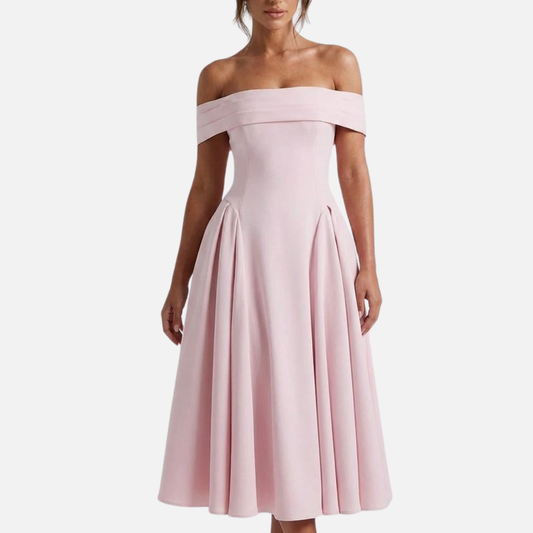 Vestido midi formal de mujer con hombros descubiertos | Plisado de corte A