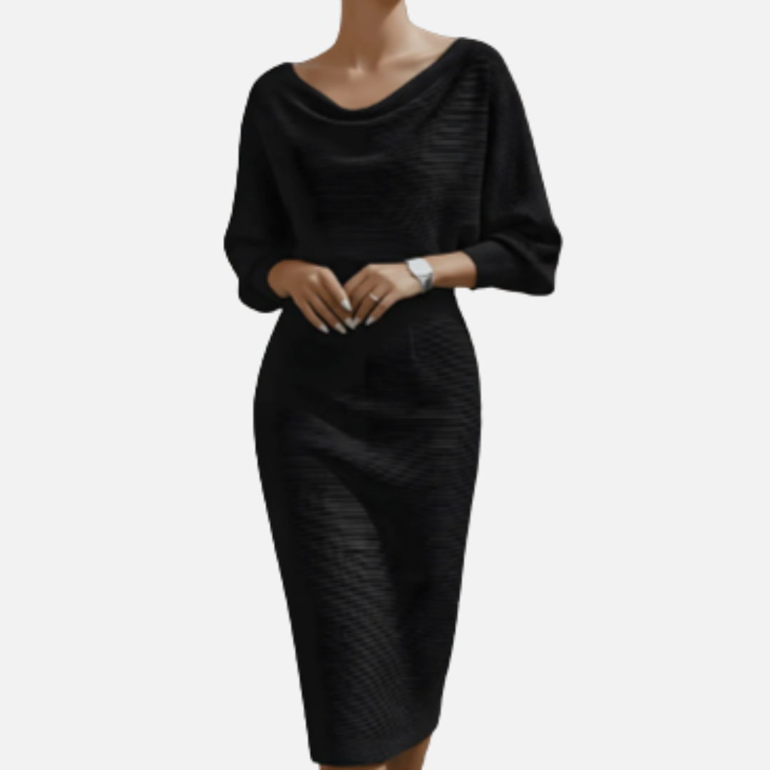 Women's Boucle Knit Cowl Neck Midi Dress | Batwing Sleeve