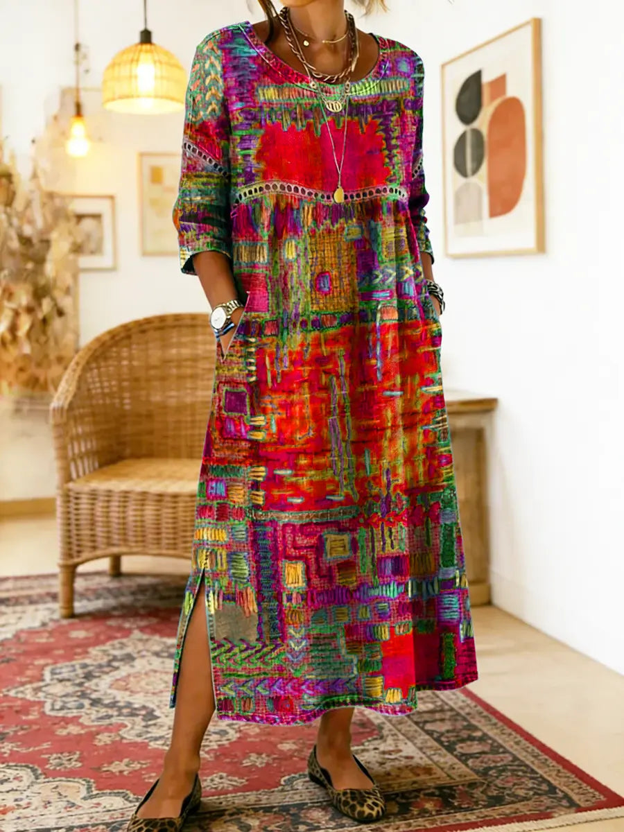 Women's Patchwork Midi Dress with 3/4 Sleeves