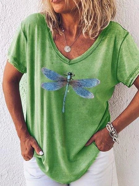 Women's V-Neck T-Shirt with Dragonfly Print