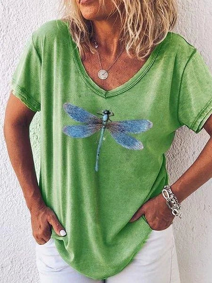 Women's V-Neck T-Shirt with Dragonfly Print