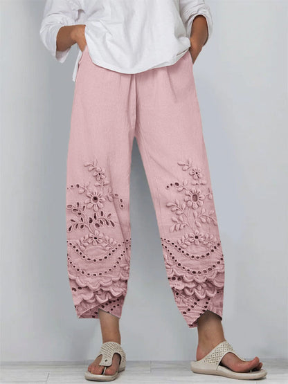 Women's Cropped Pants with Floral Embroidery
