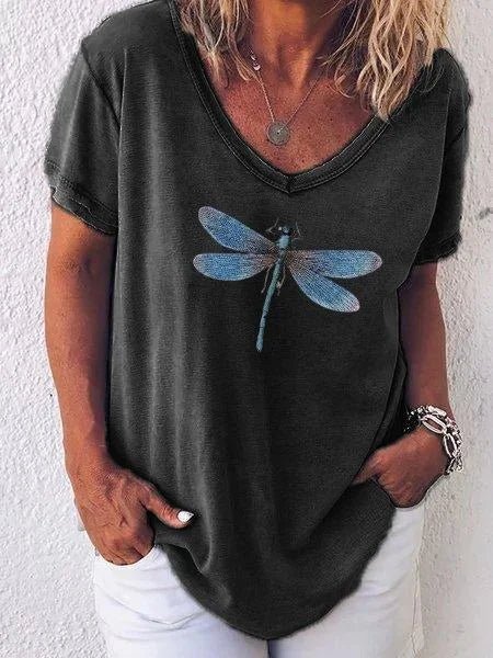 Women's V-Neck T-Shirt with Dragonfly Print
