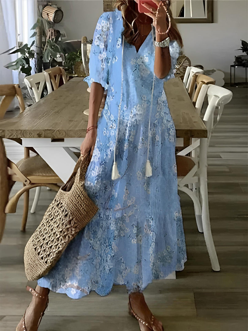 Women's Printed Maxi Dress with V Neck and Tassels