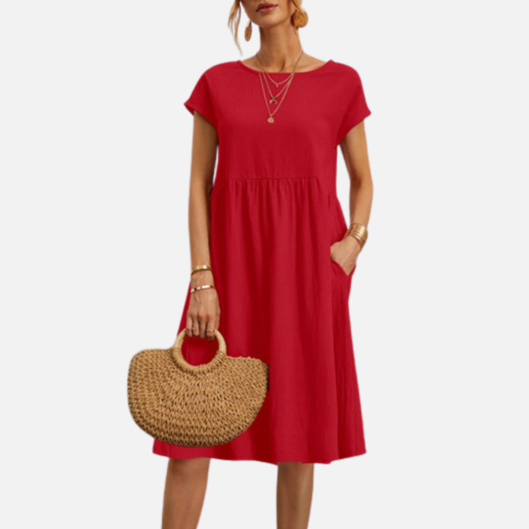 Women's Casual Linen Midi Dress | Short Sleeve Smock Dress