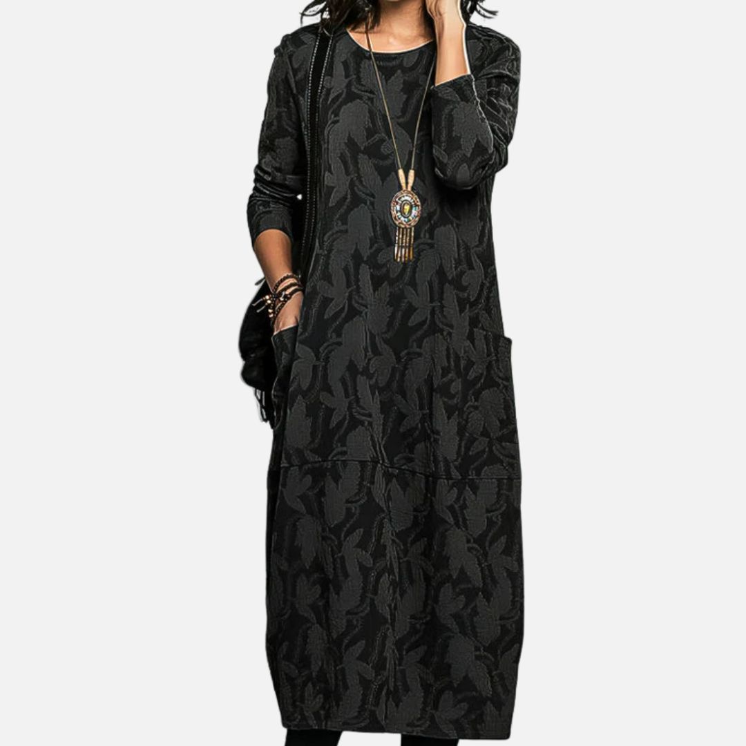 Women's Long Sleeve Jacquard Maxi Dress | Oversized Abstract Print
