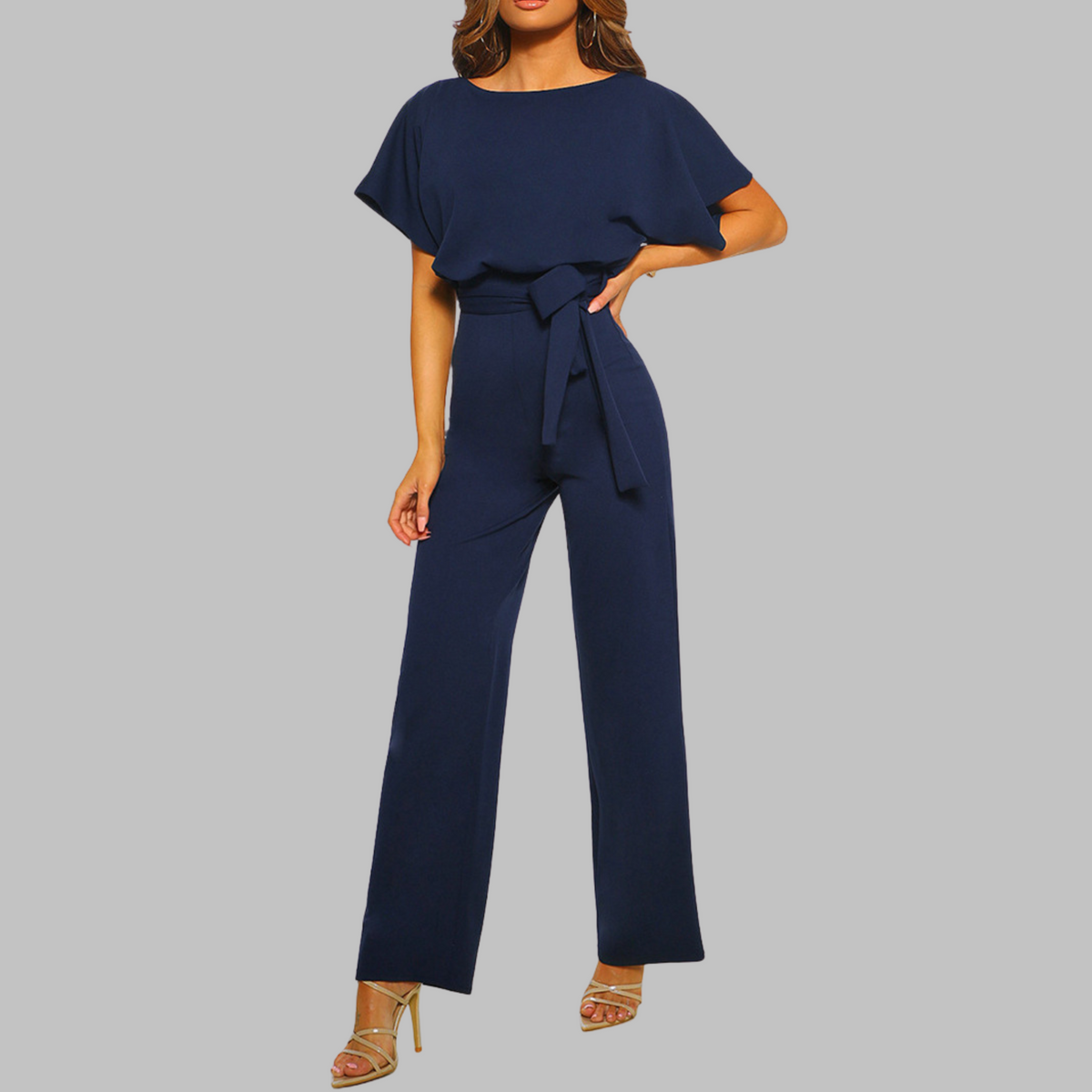 Women's Wide Leg Jumpsuit with Batwing Sleeves and Tie Waist