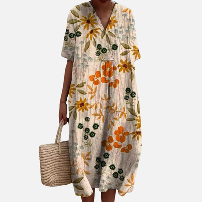Women's Floral Midi Dress | V-Neck Short Sleeve Boho Casual Summer Dress