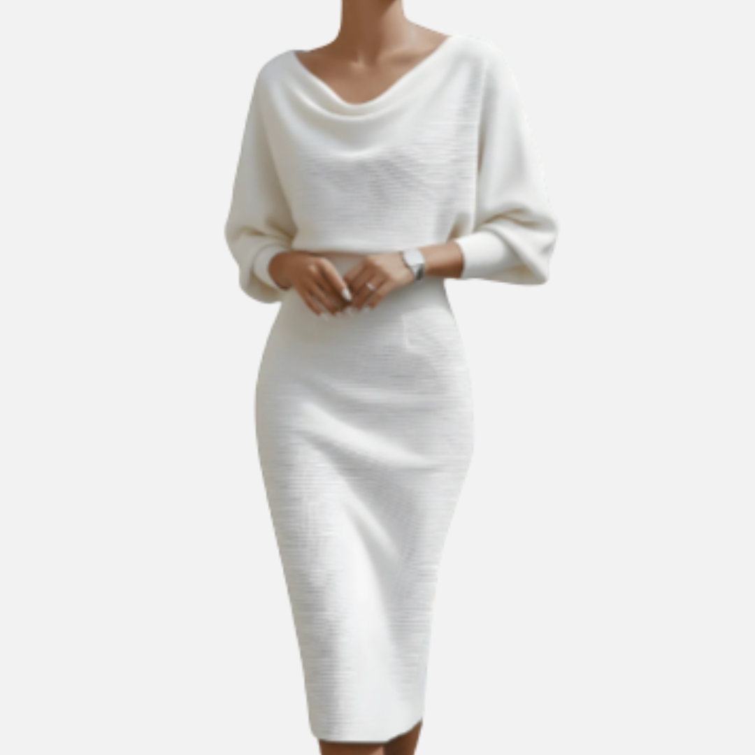 Women's Boucle Knit Cowl Neck Midi Dress | Batwing Sleeve