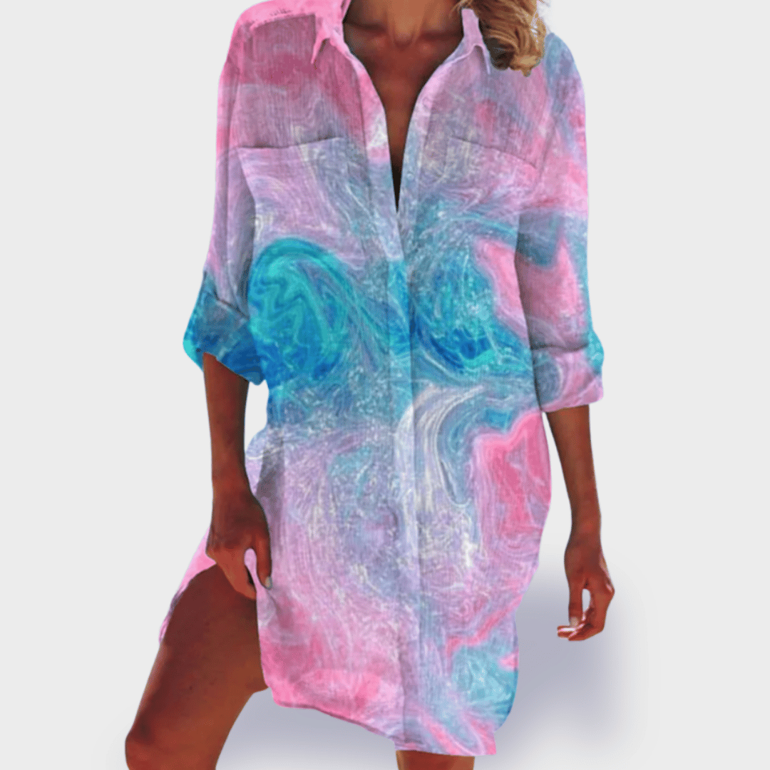 Women's Tie-Dye Shirt Dress with Button Front