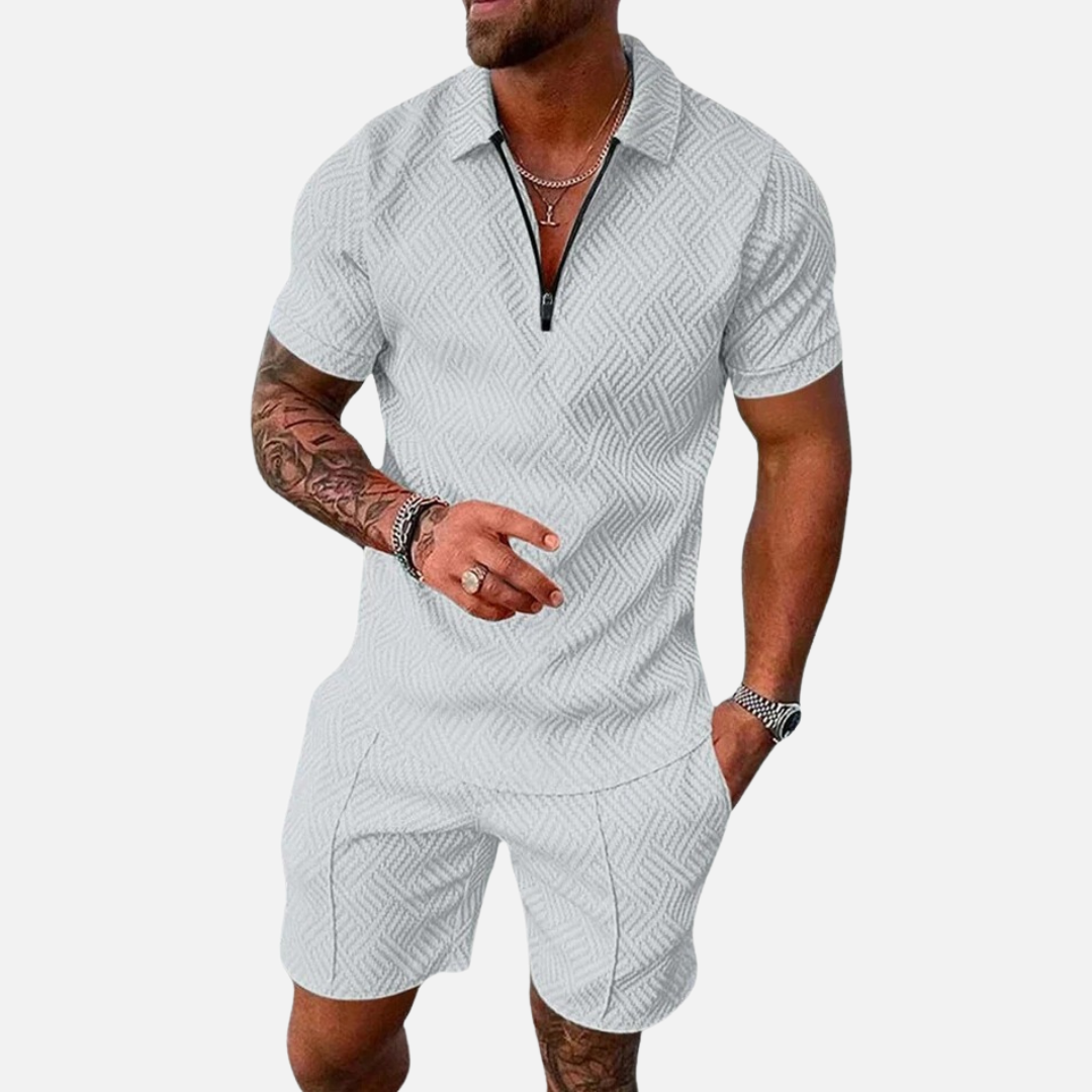 Men's Textured Polo Shirt and Shorts Set | Zip Collar Casual Summer Co-ord Matching Set