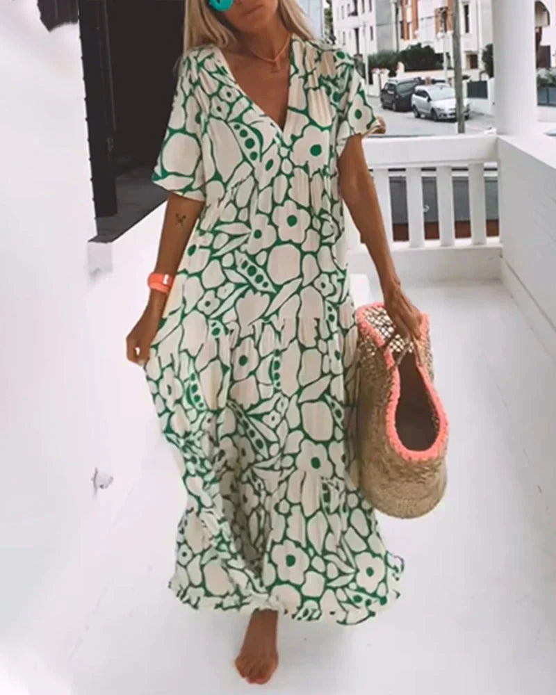 Women's Printed Maxi Dress with V-Neck and Short Sleeves