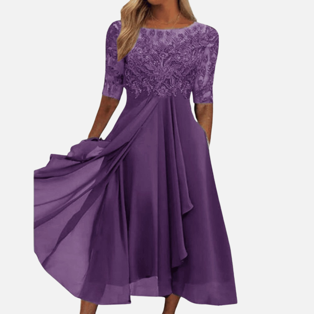 Women's Formal Lace Chiffon Midi Dress | Elegant Wedding Guest