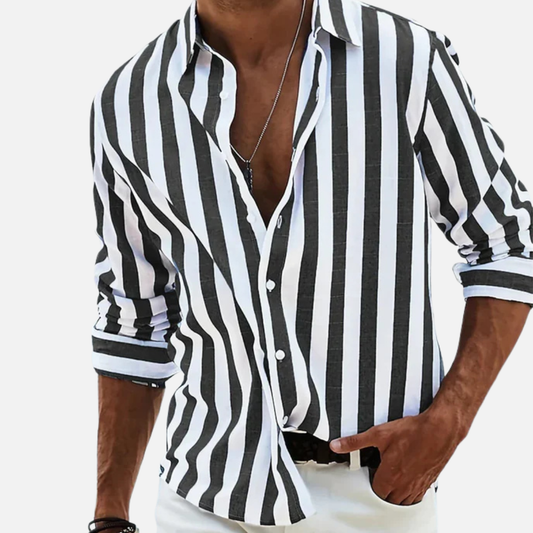 Camisa de manga larga de rayas para hombre | Camisa casual de playa con botones