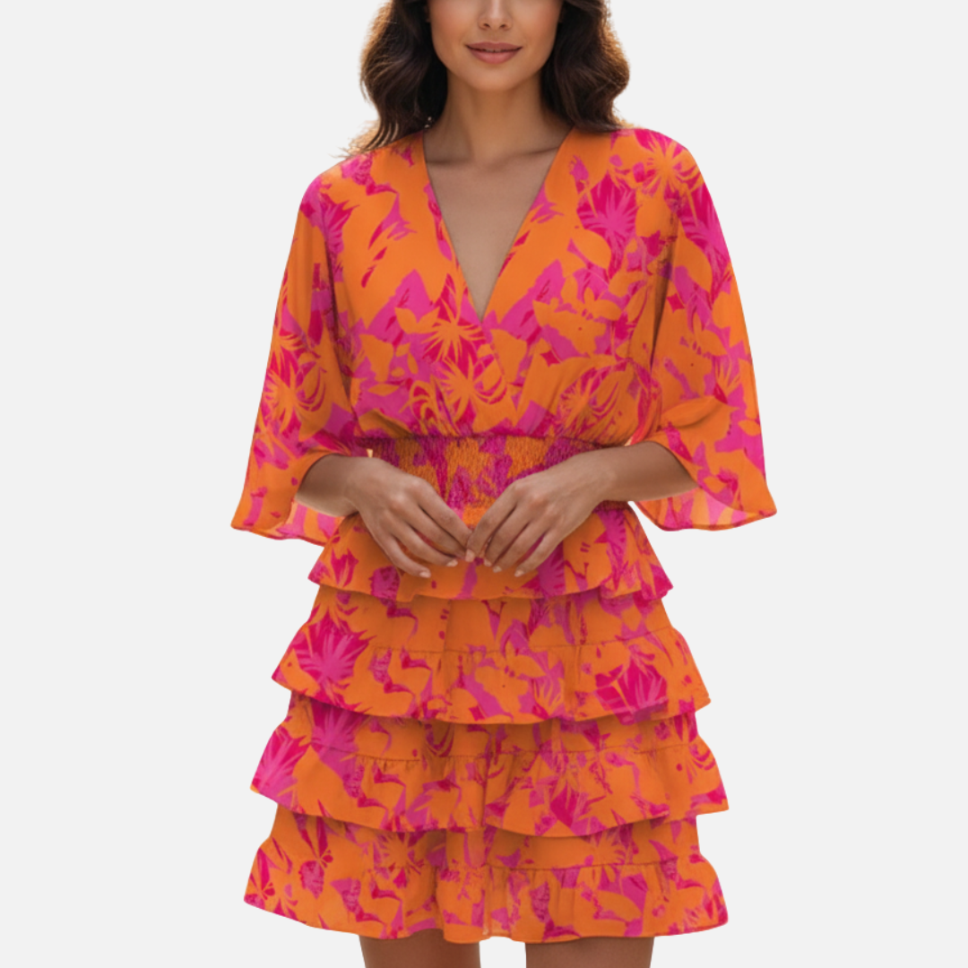 Women's Boho Tiered Mini Dress - Colorful V-Neck Summer Party Dress