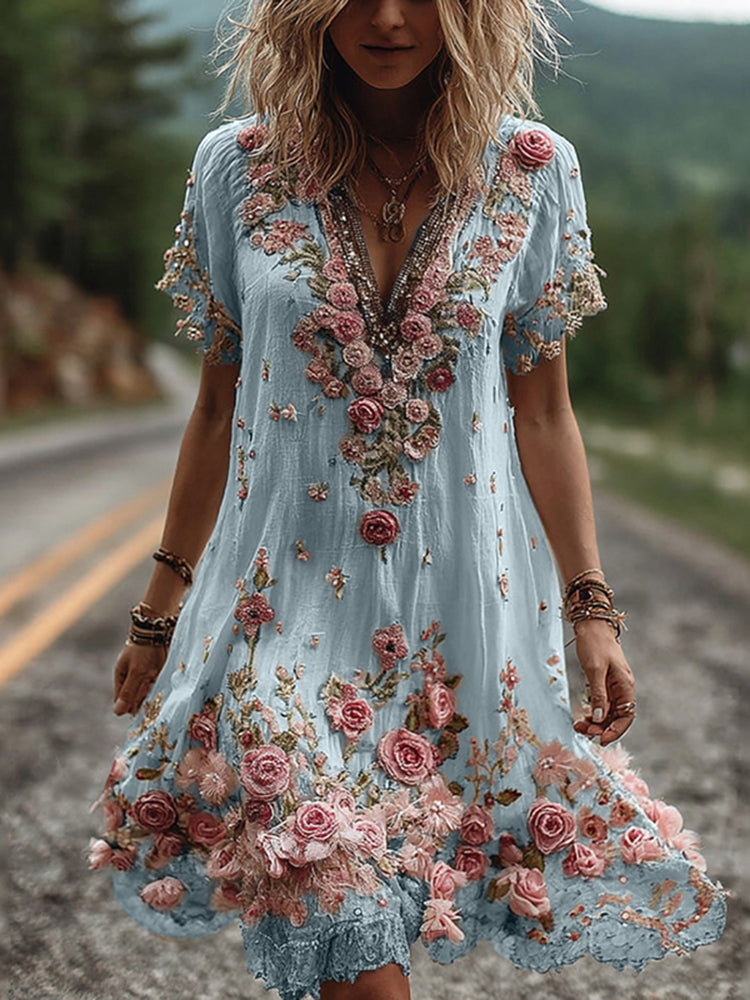 Women's Floral Embroidered V Neck Mini Dress