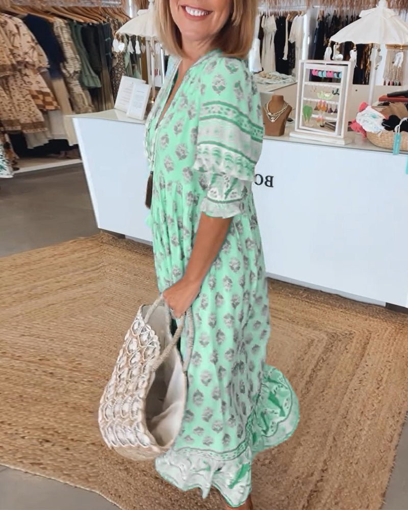 Women's Floral V-Neck Maxi Dress with Puff Sleeves