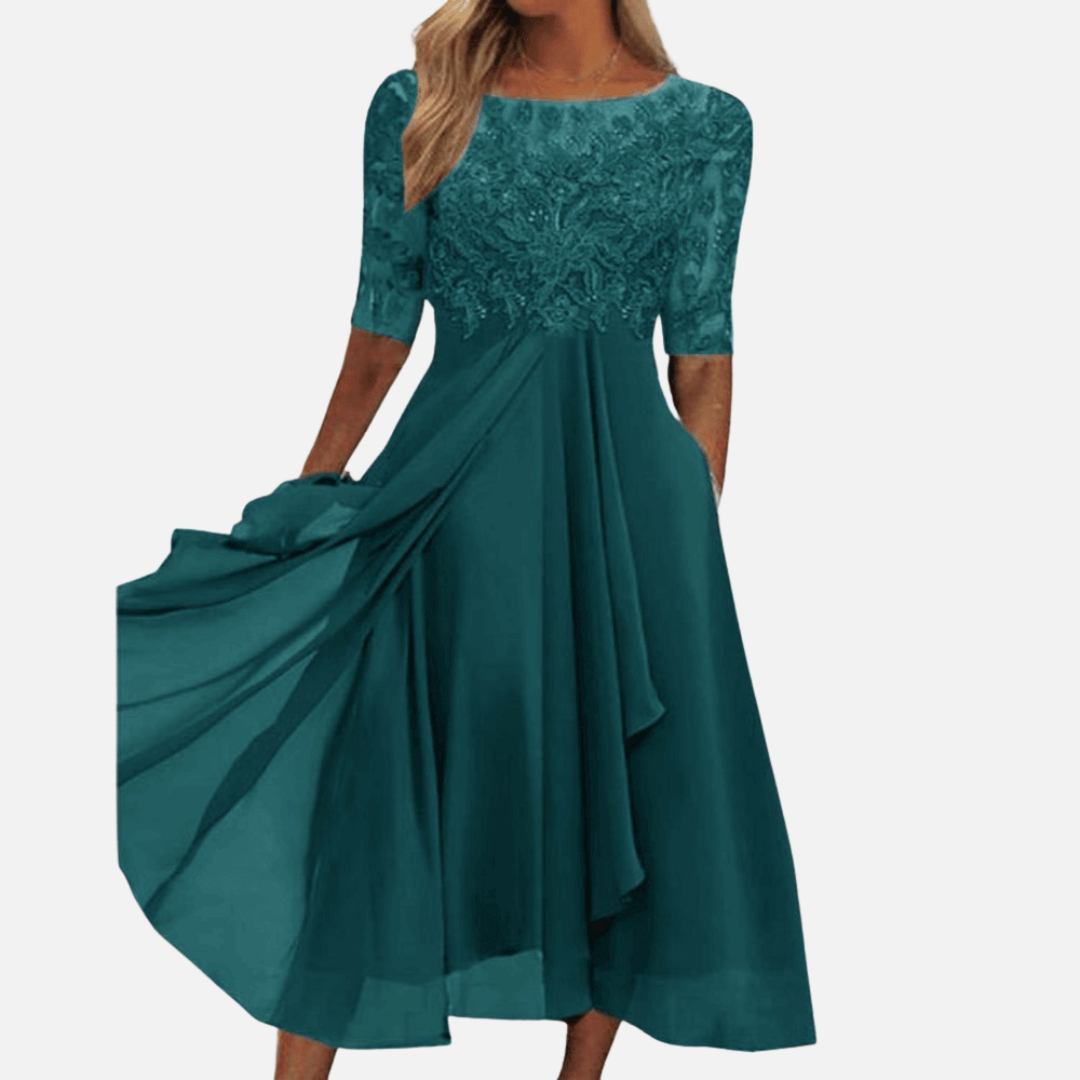 Women's Formal Lace Chiffon Midi Dress | Elegant Wedding Guest