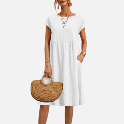Women's Casual Linen Midi Dress | Short Sleeve Smock Dress