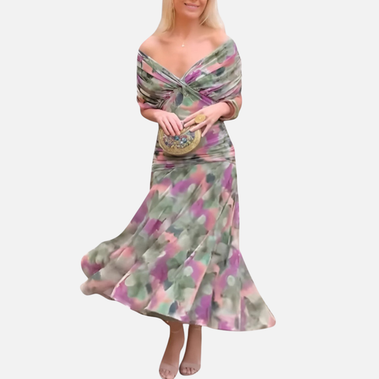 Vestido midi fruncido para mujer con hombros descubiertos
