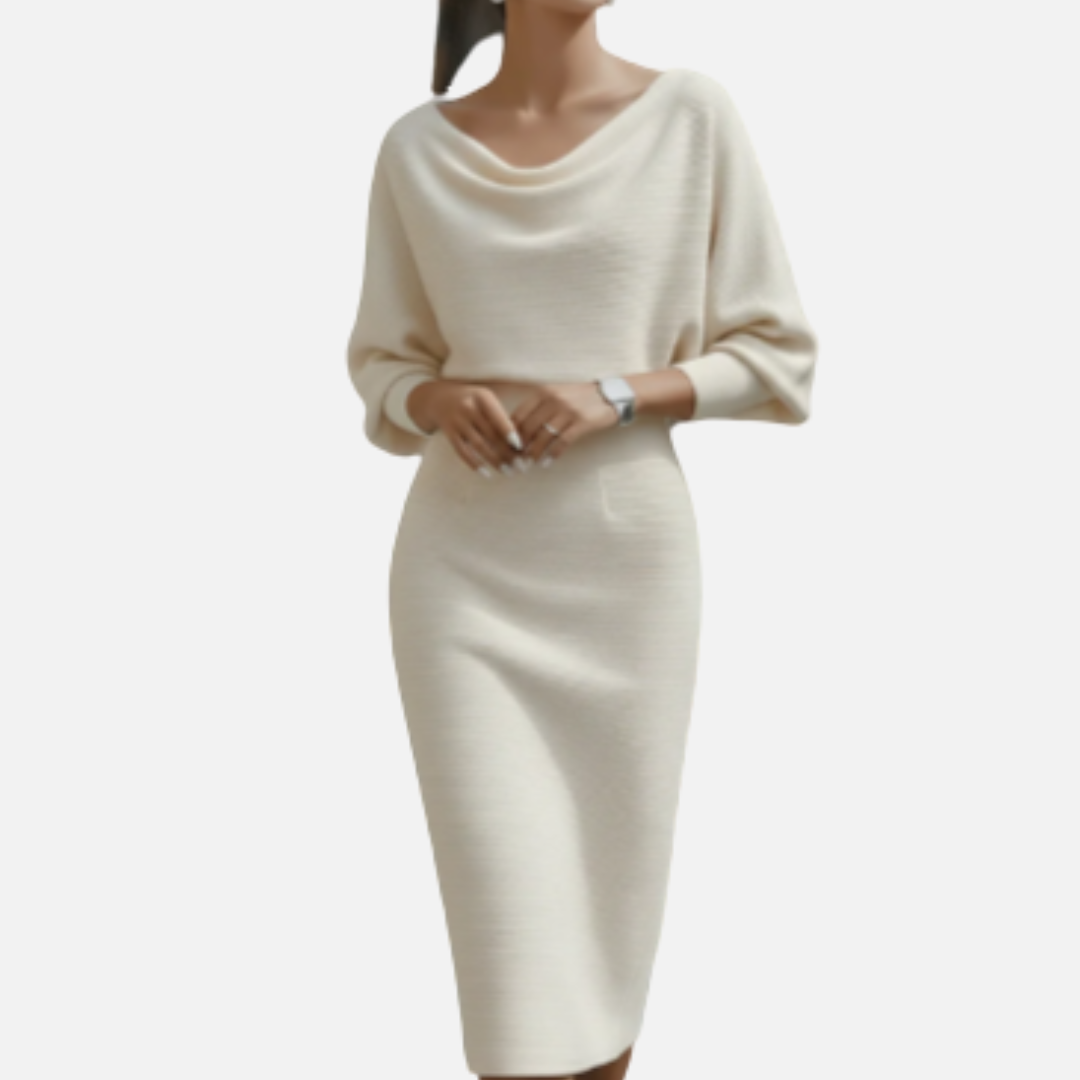 Women's Boucle Knit Cowl Neck Midi Dress | Batwing Sleeve