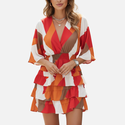 Women's Boho Tiered Mini Dress - Colorful V-Neck Summer Party Dress