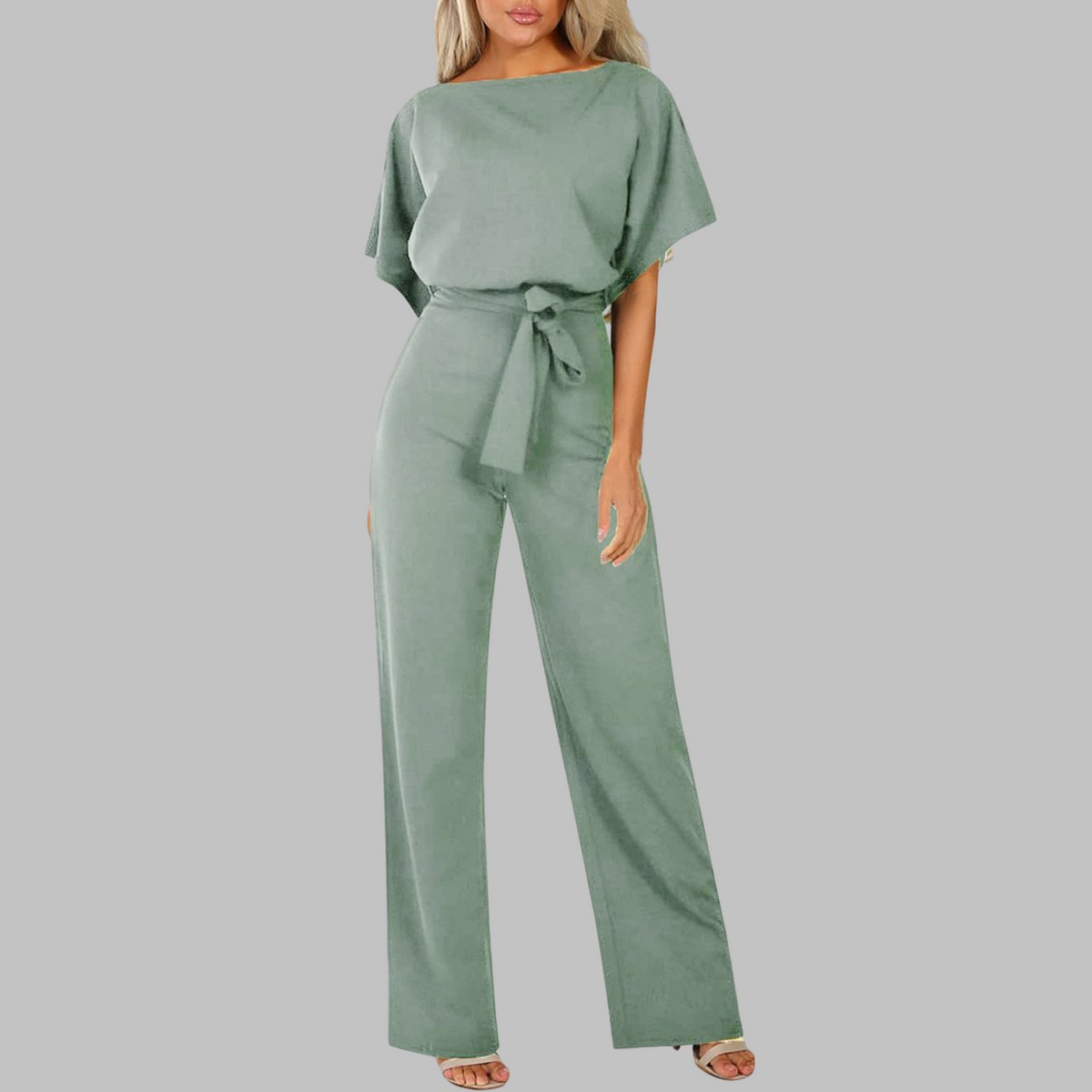 Women's Wide Leg Jumpsuit with Batwing Sleeves and Tie Waist