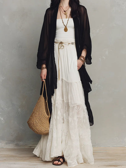Women's Two-Piece Set – Tiered Lace, Maxi Length, Sheer Lightweight