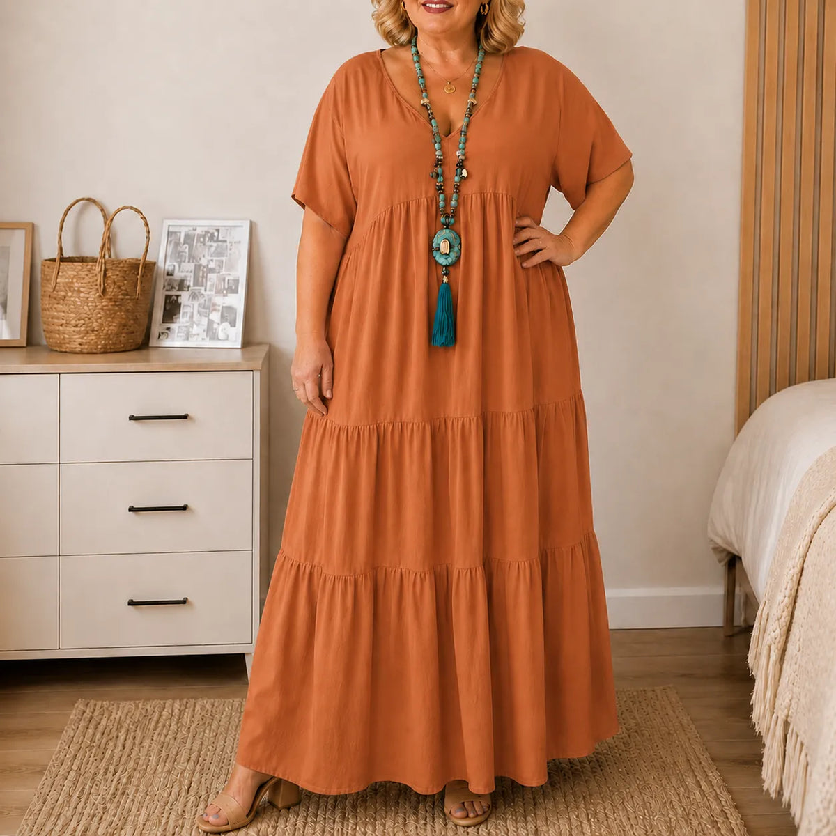 Women's Tiered Maxi Dress – V-Neck, Short Sleeves, Linen Blend