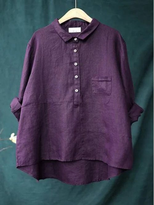 Women's Loose Linen Shirt with Button Collar and Pocket