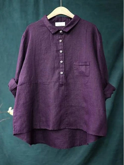 Women's Loose Linen Shirt with Button Collar and Pocket