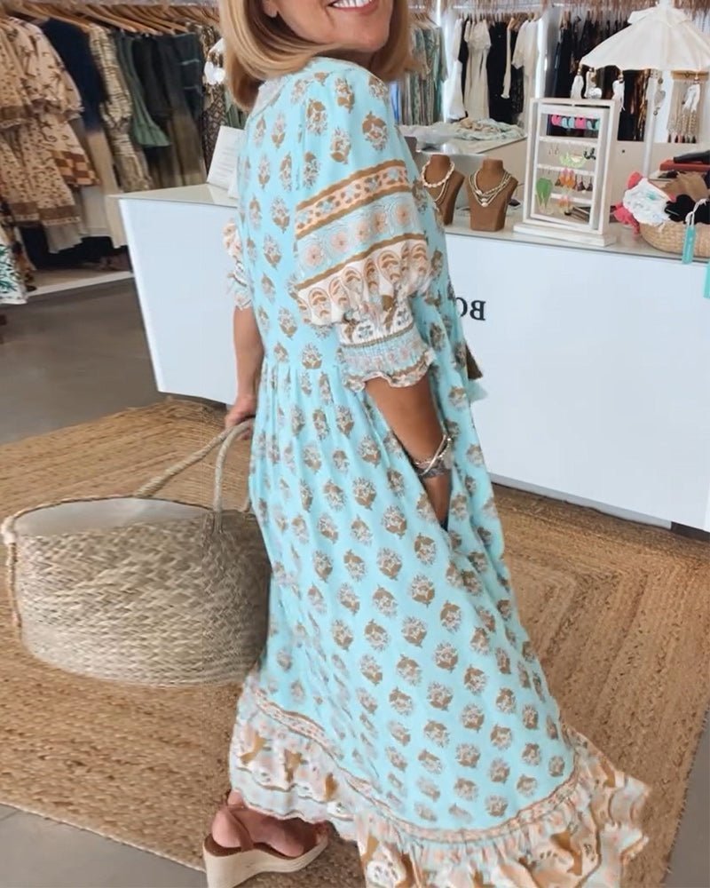 Women's Floral V-Neck Maxi Dress with Puff Sleeves